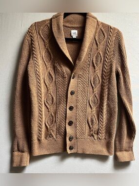 GAP Shawl Collar Cable Knit Cardigan Tan Brown Button Up Sweater Sz XS